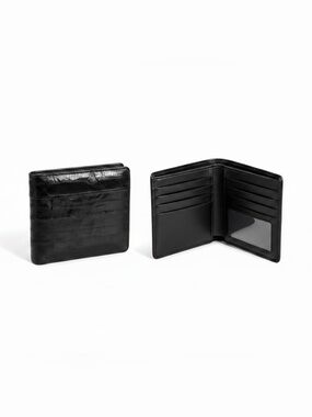 Eel Skin Leather Vintage 80s Bifold Wallet ID Window Slots Card Case Minimalist